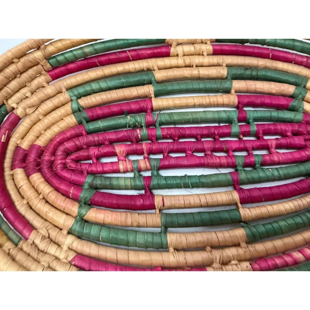 Vintage Woven Coil Basket Oval Pink‎ Green Geometric Boho Decor 10.5in